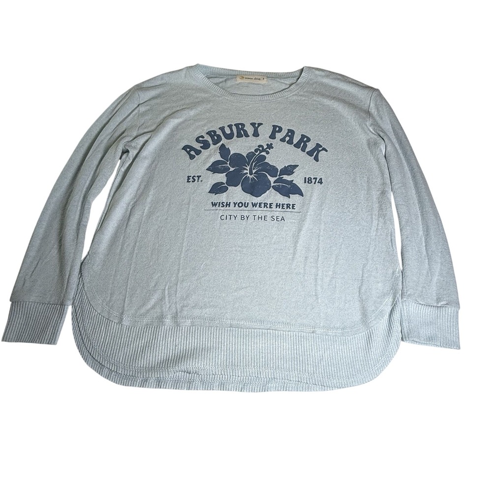 Ocean Drive Asbury Park Graphic Top Womens Small Blue Excellent High Low Hem‎